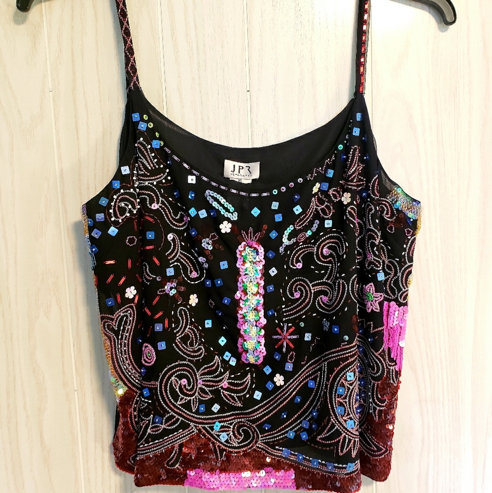 Vintage 100% Silk Sequin Spaghetti Tank top XL